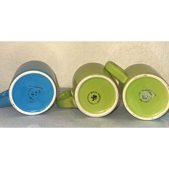 Set Of 3 Royal Norfolk Coffee Mugs Green & Blue Ceramic Ribbed Design 3.5" Tall - Picture 2 of 6